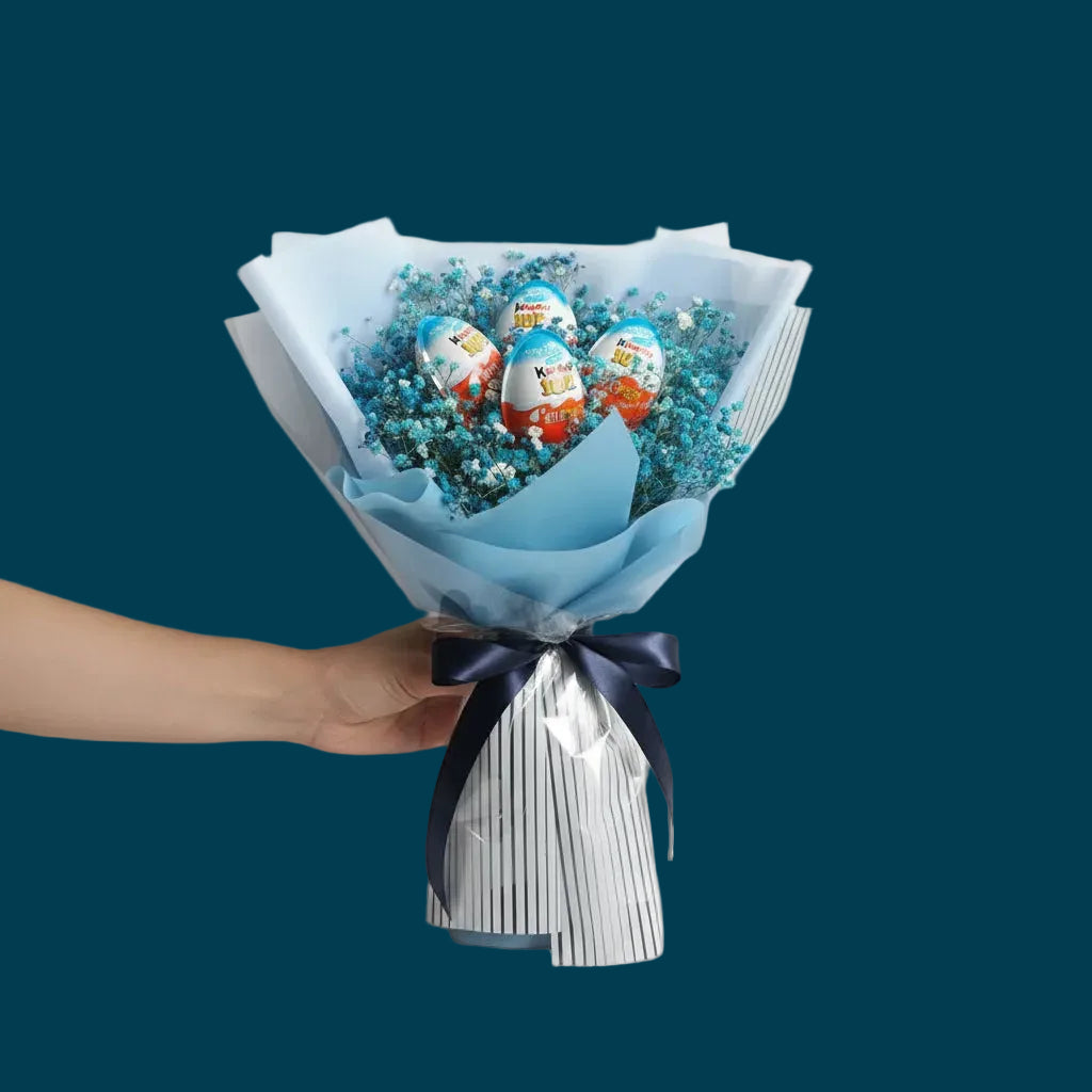Customized Kinder Joy Bouquet – Blue Theme, Personalized Chocolate Gift