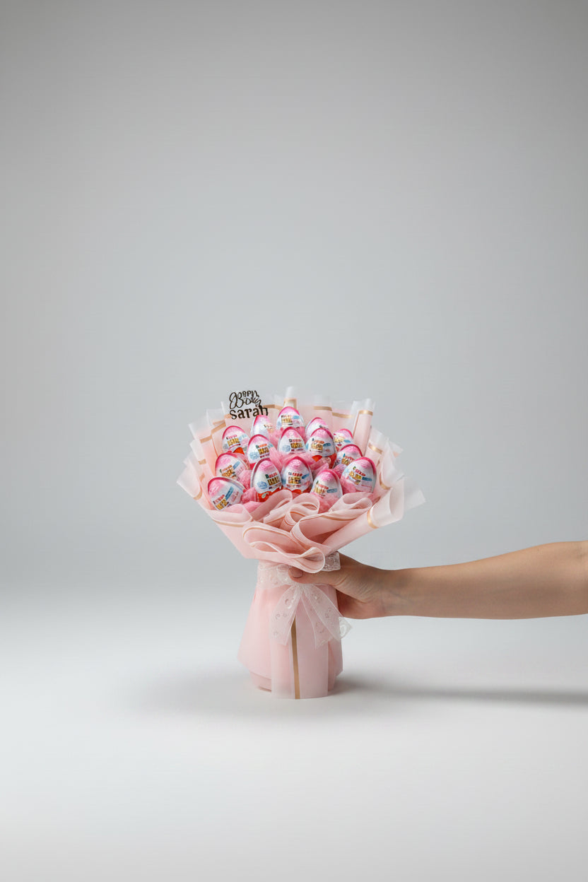 Customized Kinder Joy Bouquet – Pink Theme, Personalized Chocolate Gift