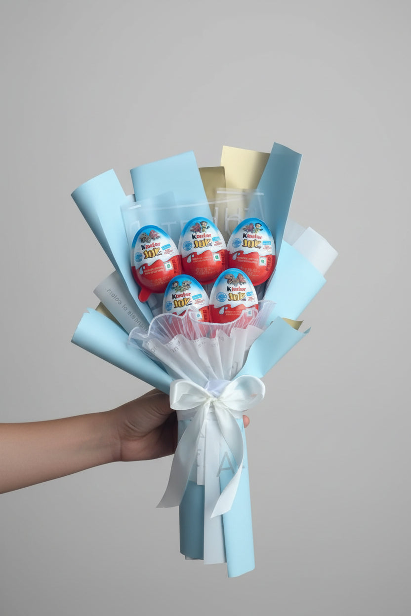 Customized Kinder Joy Bouquet – Blue Theme, Personalized Chocolate Gift