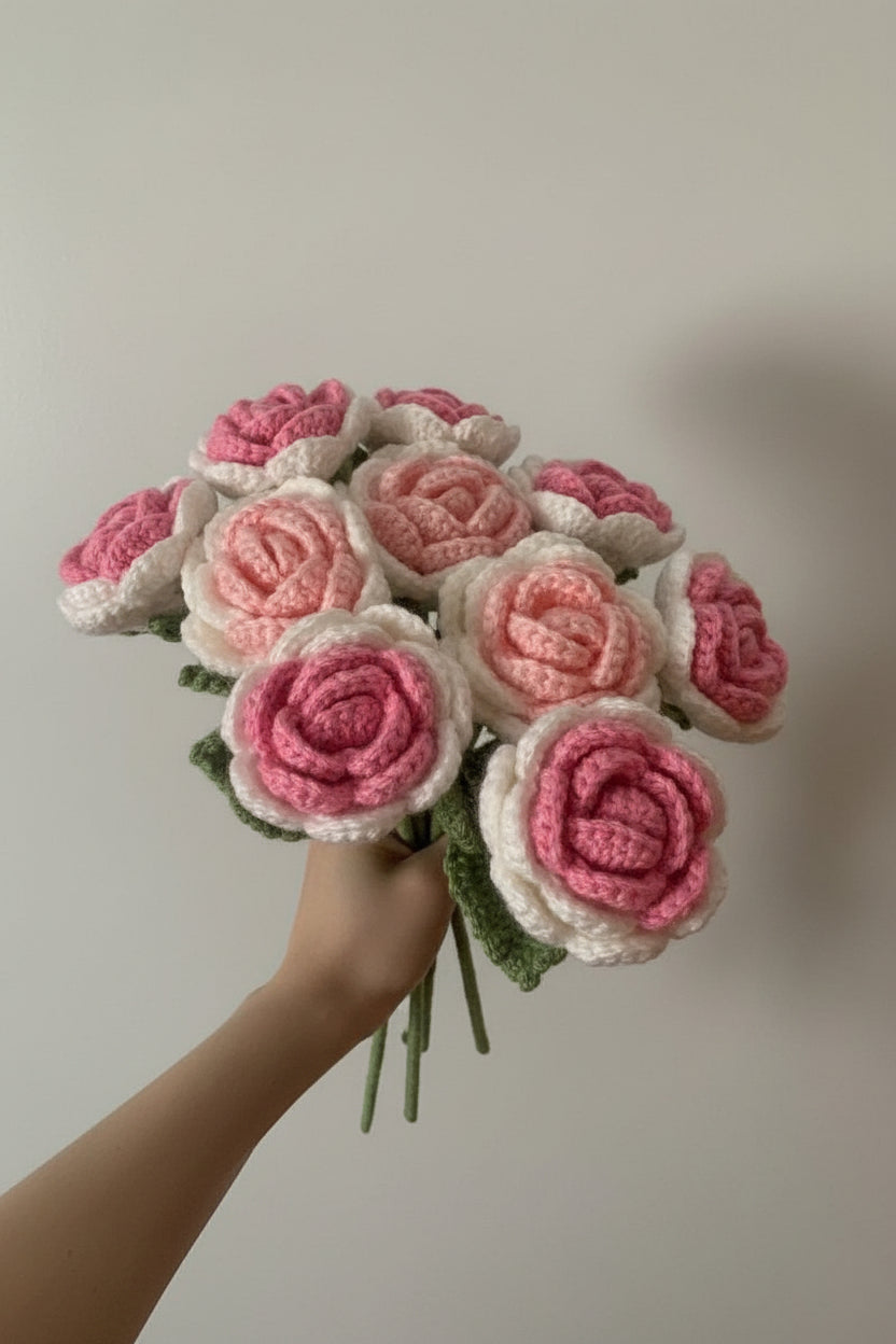 Handmade Crochet Roses – Pink and White Everlasting Yarn Flowers