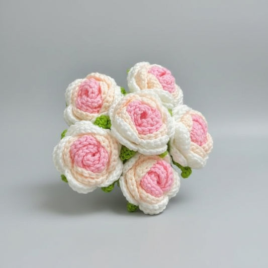 Handmade Crochet Roses – Pink and White Everlasting Yarn Flowers