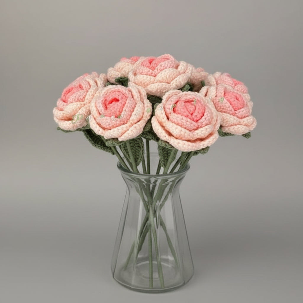 Handmade Crochet Roses – Pink and White Everlasting Yarn Flowers