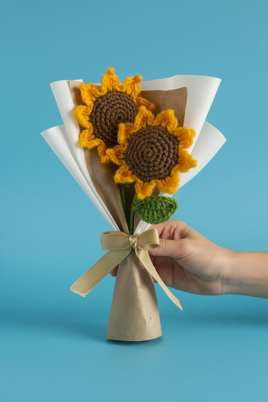 Handmade Crochet Sunflowers – Pack of 2, Everlasting Yarn Flowers
