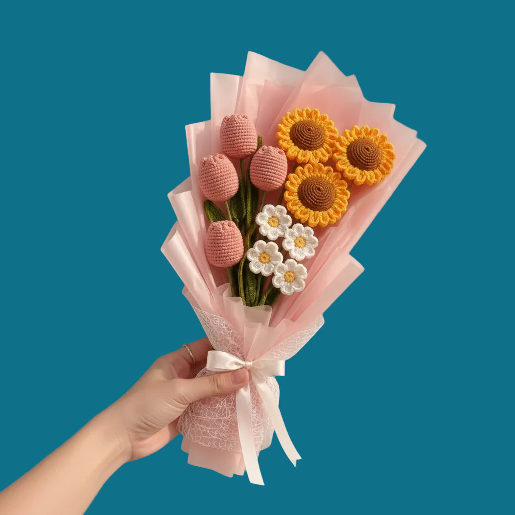 Handmade Crochet Mixed Bouquet – Sunflowers, Tulips and Daisies