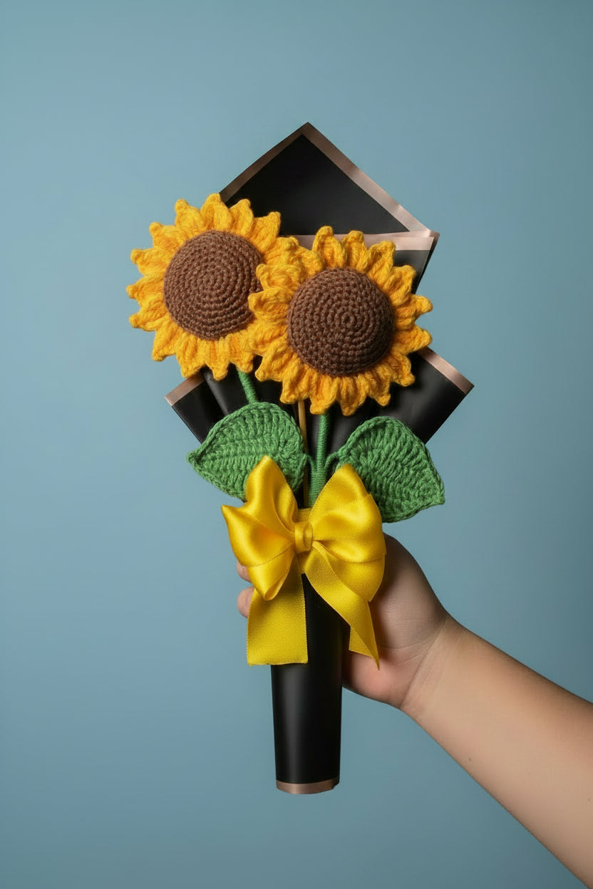 Handmade Crochet Sunflowers – Pack of 2, Everlasting Yarn Flowers