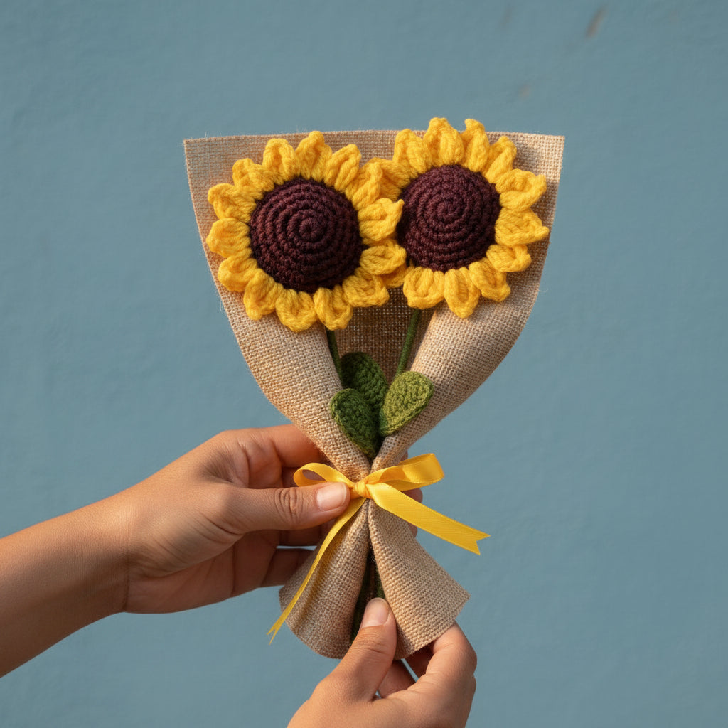 Handmade Crochet Sunflowers – Pack of 2, Everlasting Yarn Flowers